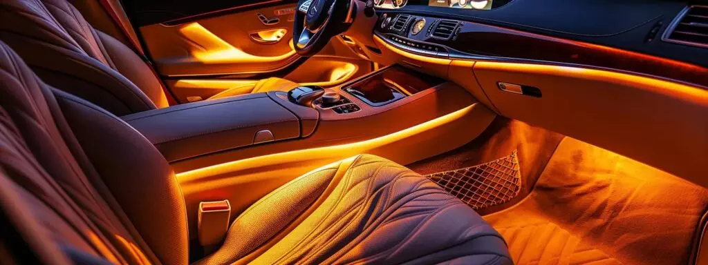 a pristine, newly detailed car interior gleams under soft ambient lighting, showcasing luxurious materials and meticulous craftsmanship that highlight the essential care for a new vehicle.