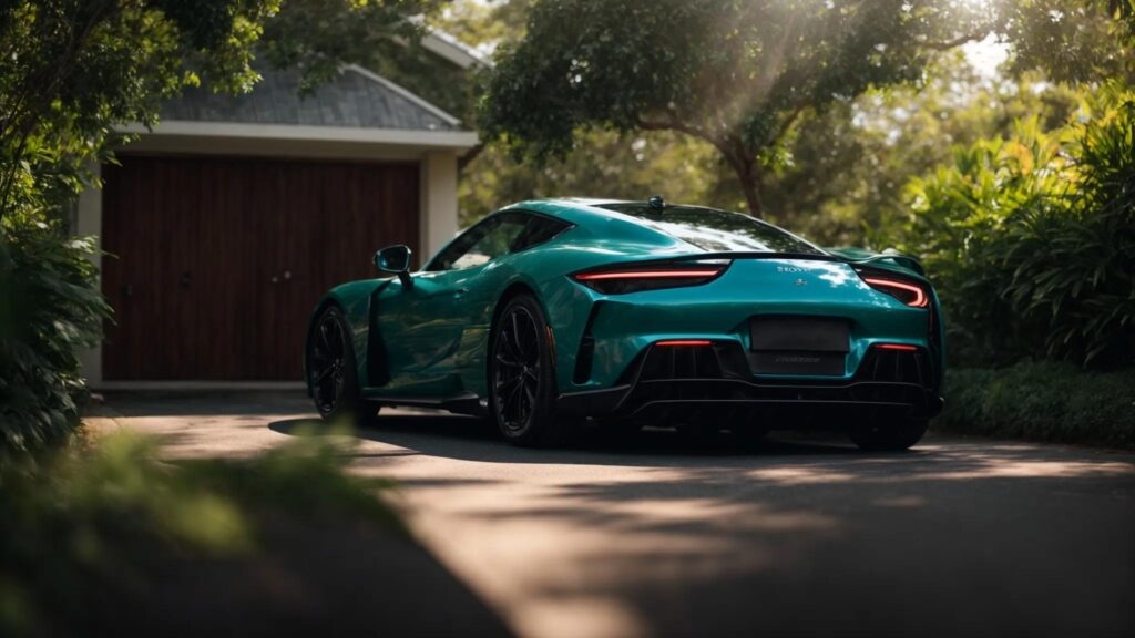 a gleaming new car, meticulously wrapped in transparent paint protection film, glistens under soft sunlight, showcasing its flawless surface and vibrant colors while parked against a backdrop of lush greenery.