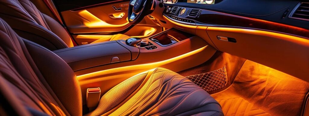 a pristine, newly detailed car interior gleams under soft ambient lighting, showcasing luxurious materials and meticulous craftsmanship that highlight the essential care for a new vehicle.