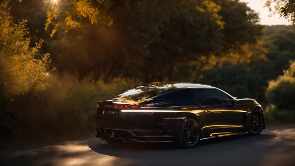 a gleaming car glistens under the warm golden sunlight, showcasing the dramatic contrast between the deep, reflective ceramic coating on one side and the muted sheen of traditional wax on the other, emphasising the theme of long-lasting protection.