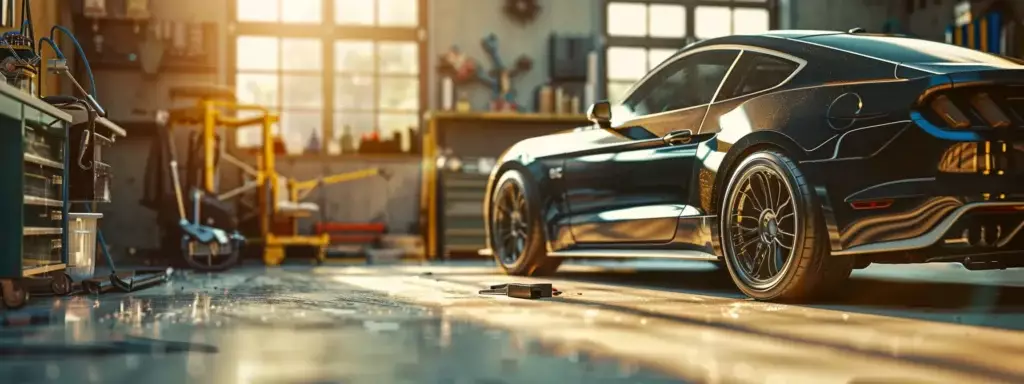 a gleaming, newly coated ceramic car stands in a sunlit garage, showcasing its glossy finish and vibrant colour against the backdrop of sleek tools and soft shadows, evoking a sense of automotive perfection.