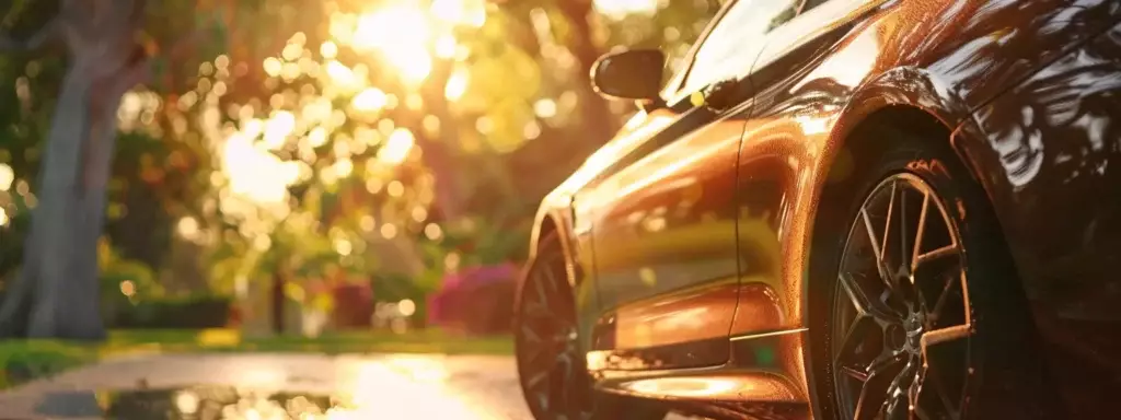 a gleaming, newly painted car stands under soft, diffused sunlight, showcasing its flawless surface protected by a shiny, transparent paint protection film, against a backdrop of a serene, lush landscape.