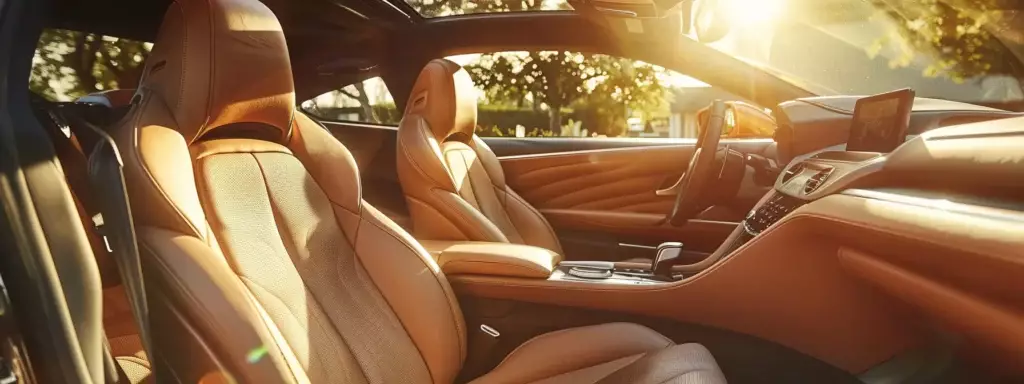 a pristine, sunlit car interior showcases luxurious leather seats and immaculate surfaces, radiating an air of elegance and effortless upkeep.